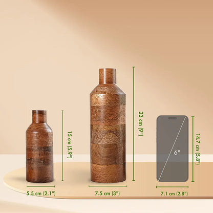 Behoma Wooden Flower Vase Set of 2 Bottle Shape Mango Wood Vases Walnut Dark Brown Flowers not Included