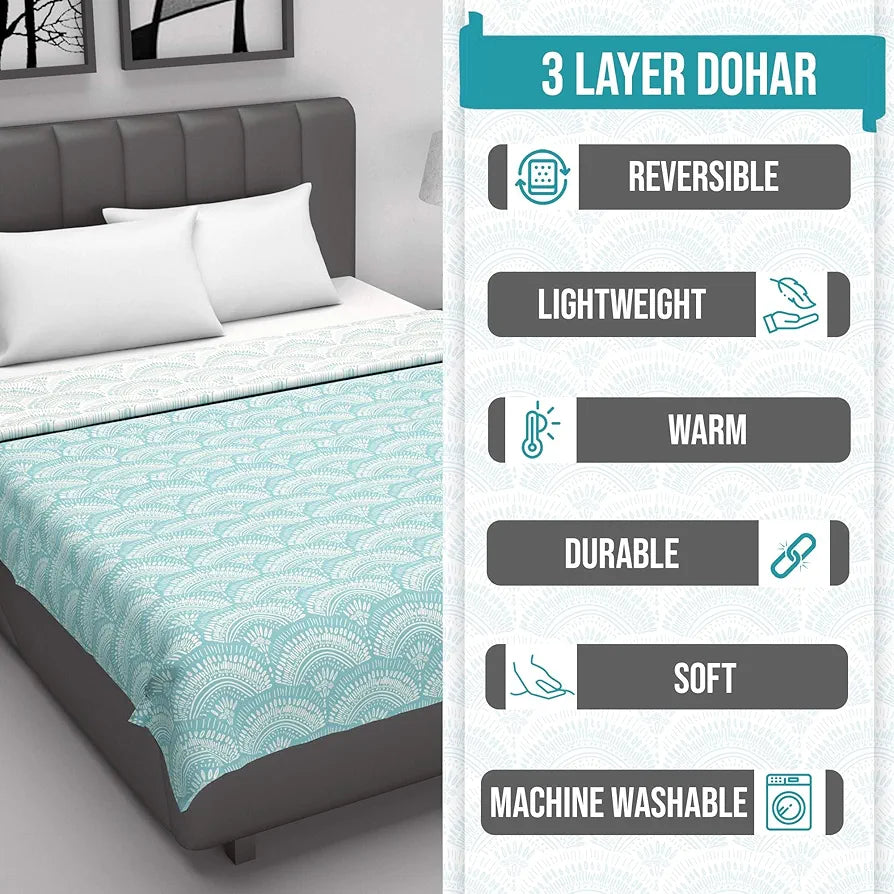 Divine Casa 120 GSM Microfiber Single Dohar Soft & Lightweight Throw Blanket Art Deco Fan Pattern Colour Aqua & White