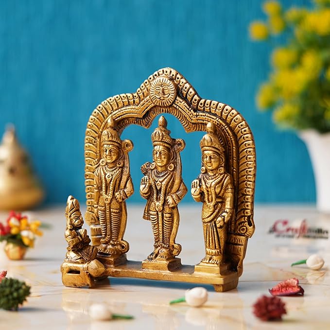 Ecraftindia Golden Metal Ram Darbar Murti Statue | Lord Ram Sita Laxman and Hanuman Idol