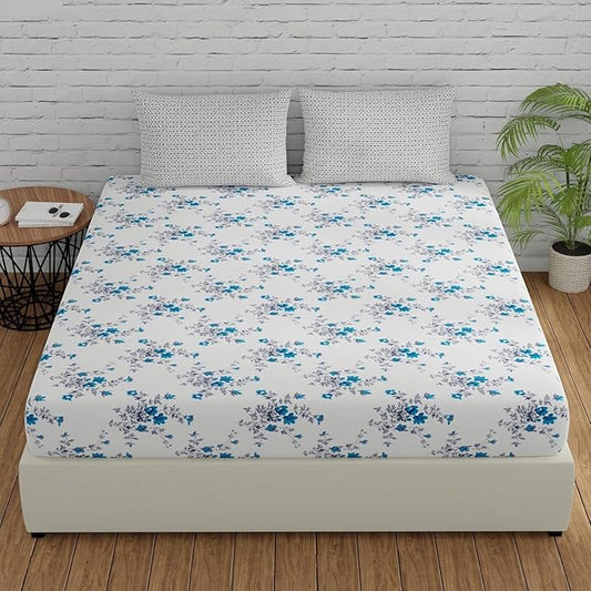 Huesland by Ahmedabad Cotton 144 TC Cotton Bedsheets for King Size Bed with 2 Pillow Covers | White, Cyan Blue & Grey