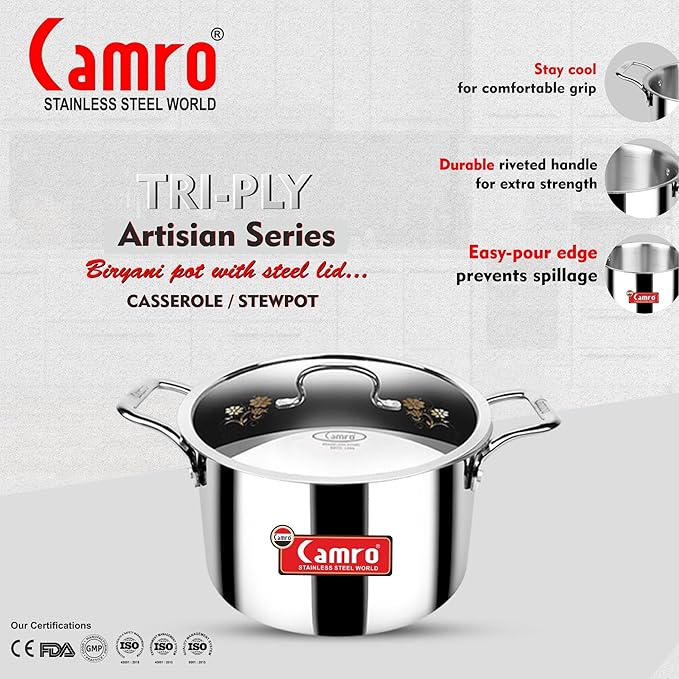 Camro Triply Artisian Serving Pot with Lid 17 No 5.2 Liters Induction Friendly Dishwasher Safe