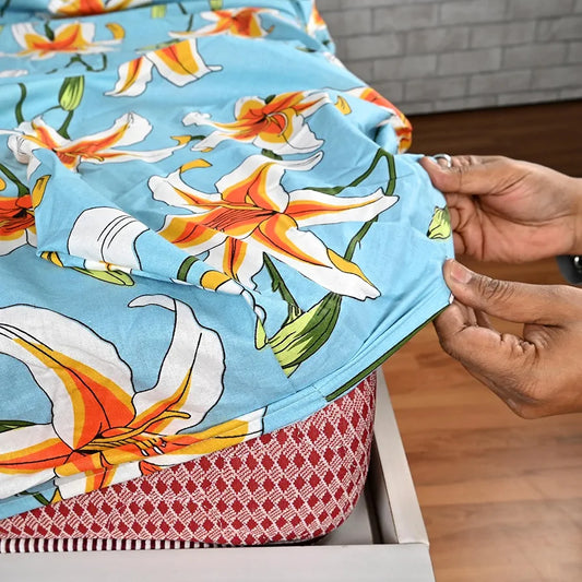 Divine Casa Floret 100% Cotton King Fitted Bedsheet 144 TC Deep Pocket Design Soft & Breathable Fabric Colour Wildflower Charm