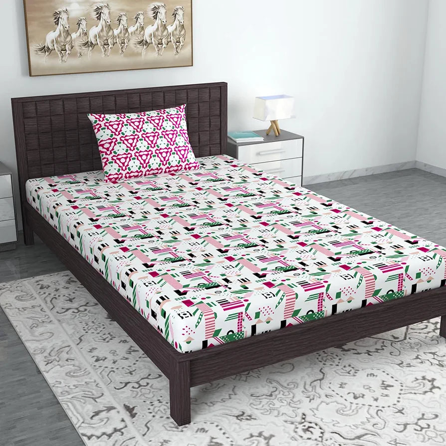 Divine Casa Bedsheet for Single Size Bed 144 TC Cotton Bedsheet for Single Size Bed with 1 Pillow Cover  Abstract Colour Pink & White
