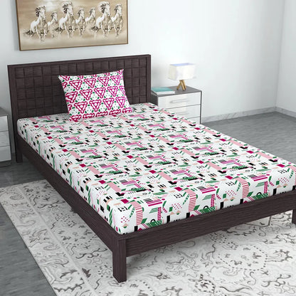 Divine Casa Bedsheet for Single Size Bed 144 TC Cotton Bedsheet for Single Size Bed with 1 Pillow Cover  Abstract Colour Pink & White