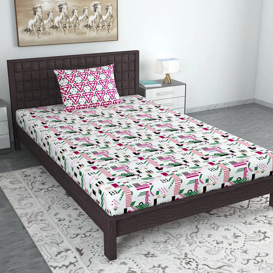 Divine Casa Bedsheet for Single Size Bed 144 TC Cotton Bedsheet for Single Size Bed with 1 Pillow Cover  Abstract Colour Pink & White