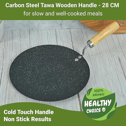 Femora Carbon Steel Tawa With Wooden Handle | 3 Layer Non-stick Coating Tawa | Black | Diameter | 28 Cm