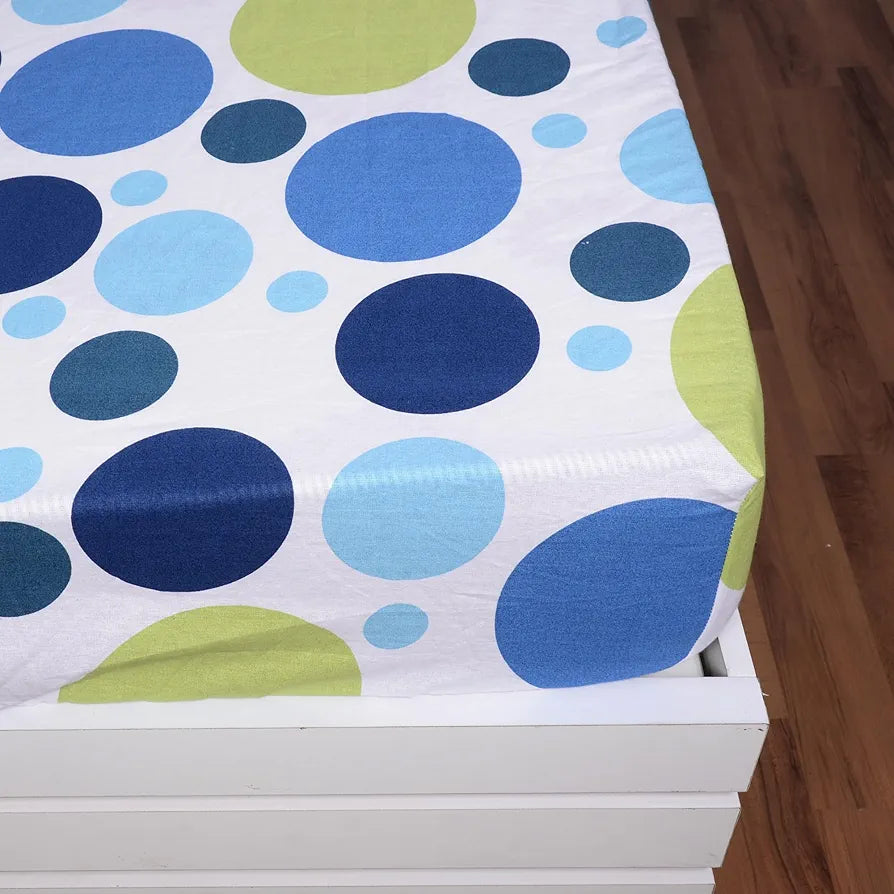 Divine Casa 144 TC Polka Print Blue Skin Friendly 100% Cotton Elastic Fitted Bedsheets King Size Colour Blue Grotta
