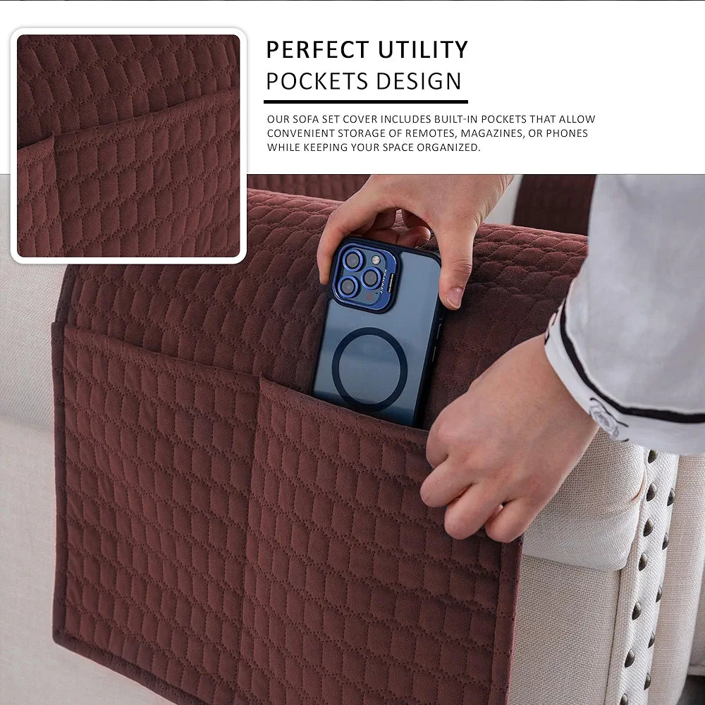 Kuber Industries Soft Velvet Quilted Single Seater Sofa Cover with Pocket Arms Frill Maroon