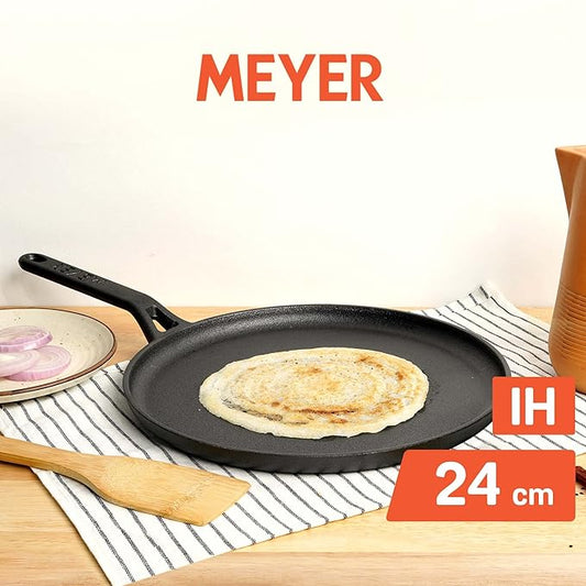 Meyer Pre-Seasoned Cast Iron Flat Dosa Tawa Pan with Stick Handle 24cm Black