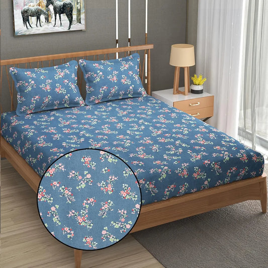 Fresh From Loom Anti Fade Floral Print 240 TC Microfiber King Size Fitted Bedsheet with 2 Pillow Covers Greyish-Blue
