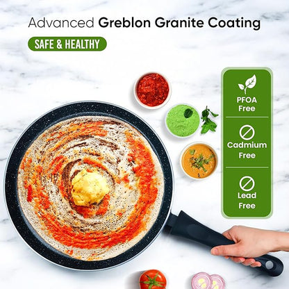 Solara Granite Dosa Tawa Non Stick Pan 28cm, Dosa Tawa Induction Base & Gas Compatible With Soft-touch Handles | Black Colour