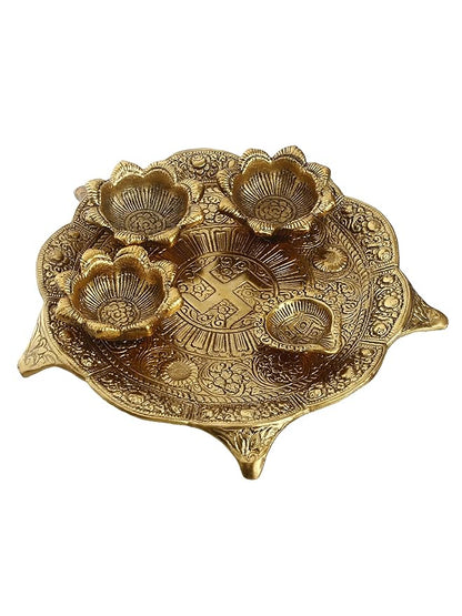 Ecraftindia Golden Metal Swastik Designer Pooja Thali With 3 Bowls and 1 Diya | Traditional Pooja Essential Set
