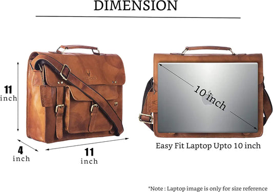 WildHorn Classic Leather 10 inch Laptop Messenger Bag for Men I Office Bags I Travel Bags I Carry Handle with Adjustable Strap I DIMENSION : L-11 inch W-4 inch H-11 inch