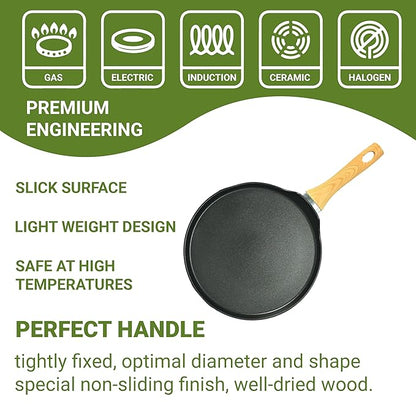 Femora Foged Die Cast Aluminium Non Stick 28 Cm Roti Tawa With Wood Finish Handle | Granite Finish | Induction & Gas Ready