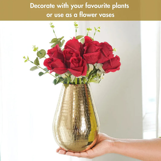 Behoma Drop Shape Metal Hammered Flower Vase Golden 2 Pcs Flowers not Included