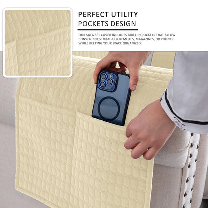 Kuber Industries Soft Velvet Quilted Single Seater Sofa Cover with Pocket Arms Frill Cream