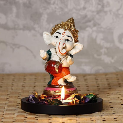 Ecraftindia Colorful Polyresin Lord Ganesha Idol Dancing and Playing Dholak Musical Instrument With Wooden Base
