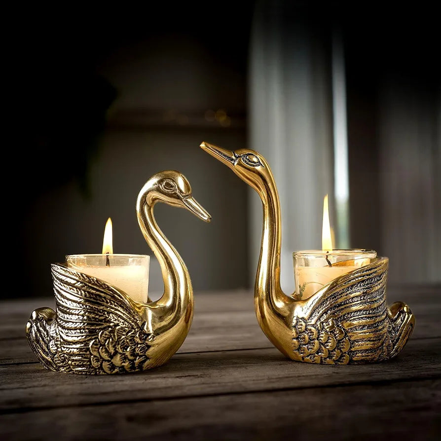 BEHOMA Aluminium Pair of Swans for Good Luck and Love | Candle Holder for Home| Showpiece for Gifting Anniversary Valentine's Day , Gold,13.5L x 7.5W x 14H Centimeters