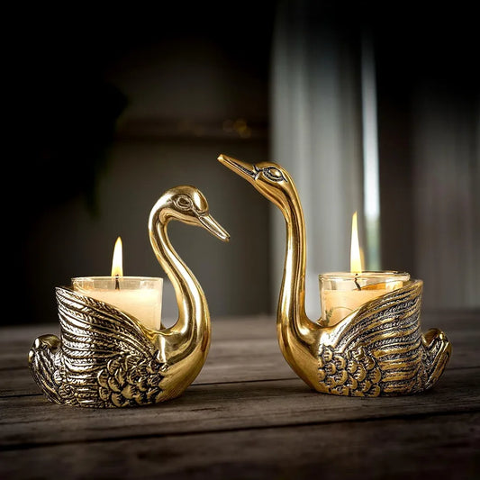 BEHOMA Aluminium Pair of Swans for Good Luck and Love | Candle Holder for Home| Showpiece for Gifting Anniversary Valentine's Day , Gold,13.5L x 7.5W x 14H Centimeters