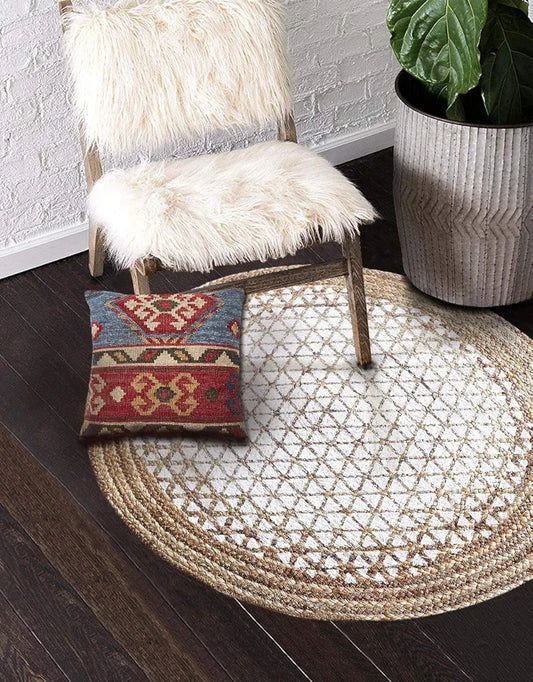 The Home Talk Natural Handcrafted Braided Round Jute Rug 80 cm Traditional Carpet Beige & White