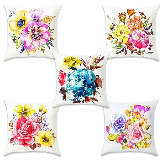 Story@Home Cushion Cover Polyester Cover Vibrant Red & Blue Floral Design Pillow Cover Set of 5