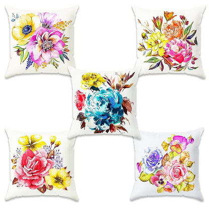Story@Home Cushion Cover Polyester Cover Vibrant Red & Blue Floral Design Pillow Cover Set of 5