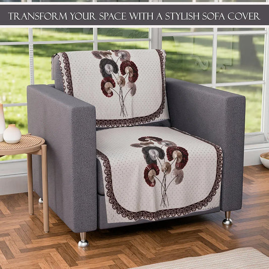 Kuber Industries Set of 10 Velvet Anti-Skid Sofa Cover 5-Seater Digital Flower-Cream & Brown