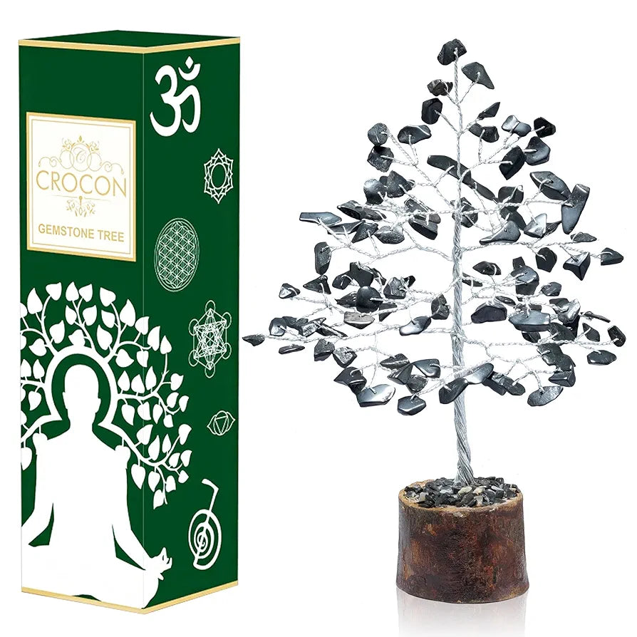 Crocon Black Tourmaline Gemstone Money Tree Feng Shui Bonsai Silver Wire