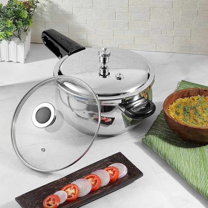 Vinod Splendid Plus Stainless Steel Pressure Cooker Outer Lid 1.5 Litre | SAS Bottom Handi Cooker | Extra Glass Lid