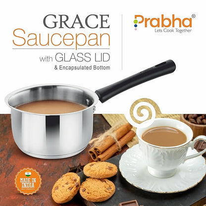 Prabha Heavy Gauge Encapsulated Base Stainless Steel Induction Base Saucepan Sauce Pan 1.2 L Size 14cm