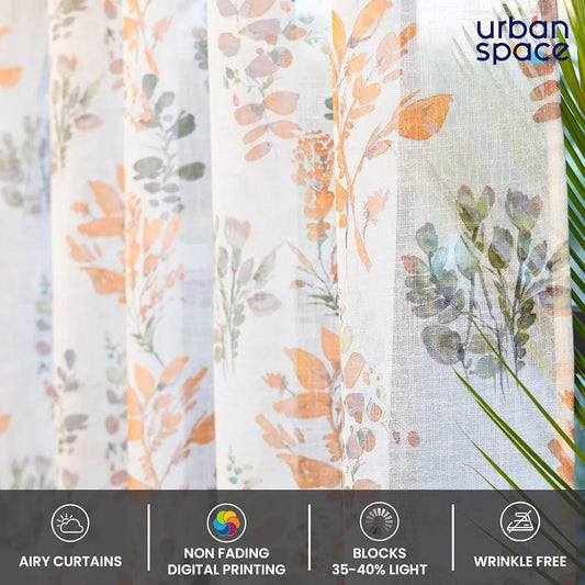 Urban Space Sheer Curtains for Door Light Filtering Linen Textured Curtains with Eyelets and TieBack for Bedroom, Set of 2 Decorative Curtains Classic Floral