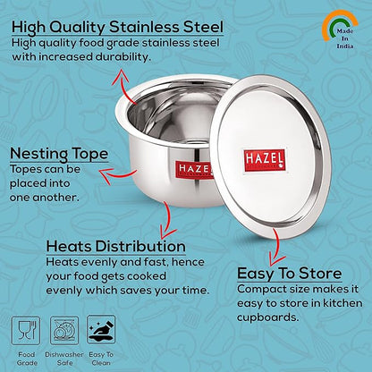 Hazel Alfa Stainless Steel Tope Patila With Lid Round Bottom Boiling Vessels Bhagona Dekchi (1.5 Litre)