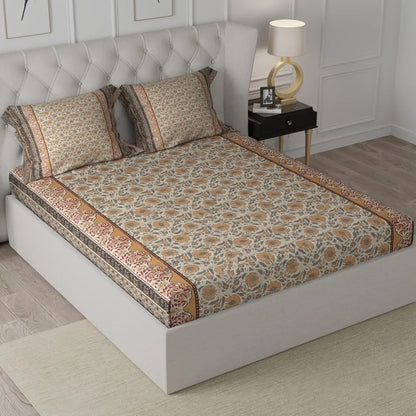 Cloth Fusion 186tc Glace Cotton Elastic Fitted Bedsheet for Double Bed King Size with 2 Pillow Covers Floral Beige