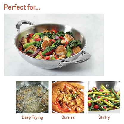 Meyer Select Nickel Free Stainless Steel Kadai | Kadhai with Glass Lid 30cm/ 4 Liters Silver