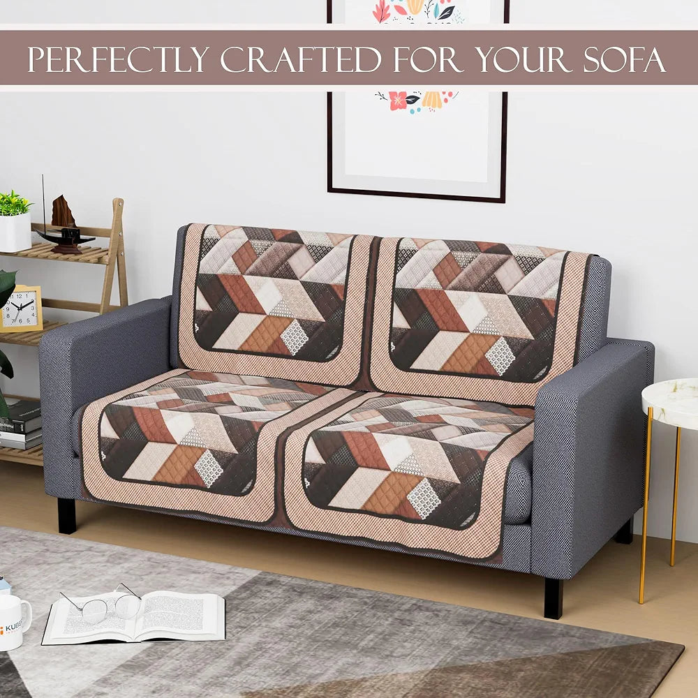 Kuber Industries Set of 4 Velvet 2 Seater Sofa Covers for Living Room Triangular-Cream & Brown
