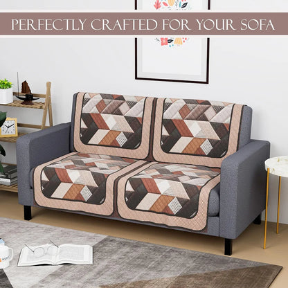 Kuber Industries Set of 4 Velvet 2 Seater Sofa Covers for Living Room Triangular-Cream & Brown