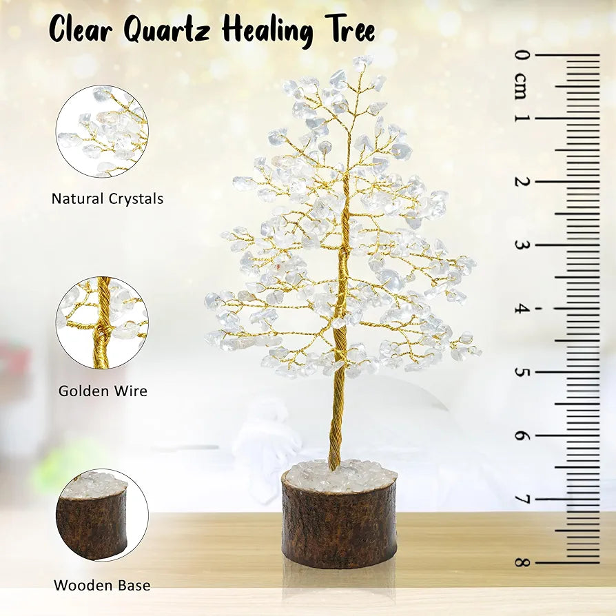 Crocon Clear Quartz Gemstone Money Tree Feng Shui Bonsai Golden Wire