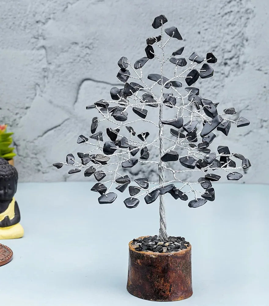Crocon Black Tourmaline Gemstone Money Tree Feng Shui Bonsai Silver Wire