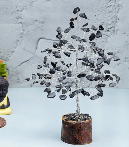 Crocon Black Tourmaline Gemstone Money Tree Feng Shui Bonsai Silver Wire