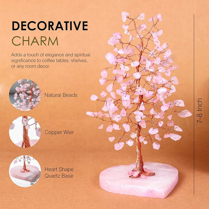 Zaicus Rose Quartz Heart Base Feng Shui Gemstone Bonsai Tree with Healing Crystals
