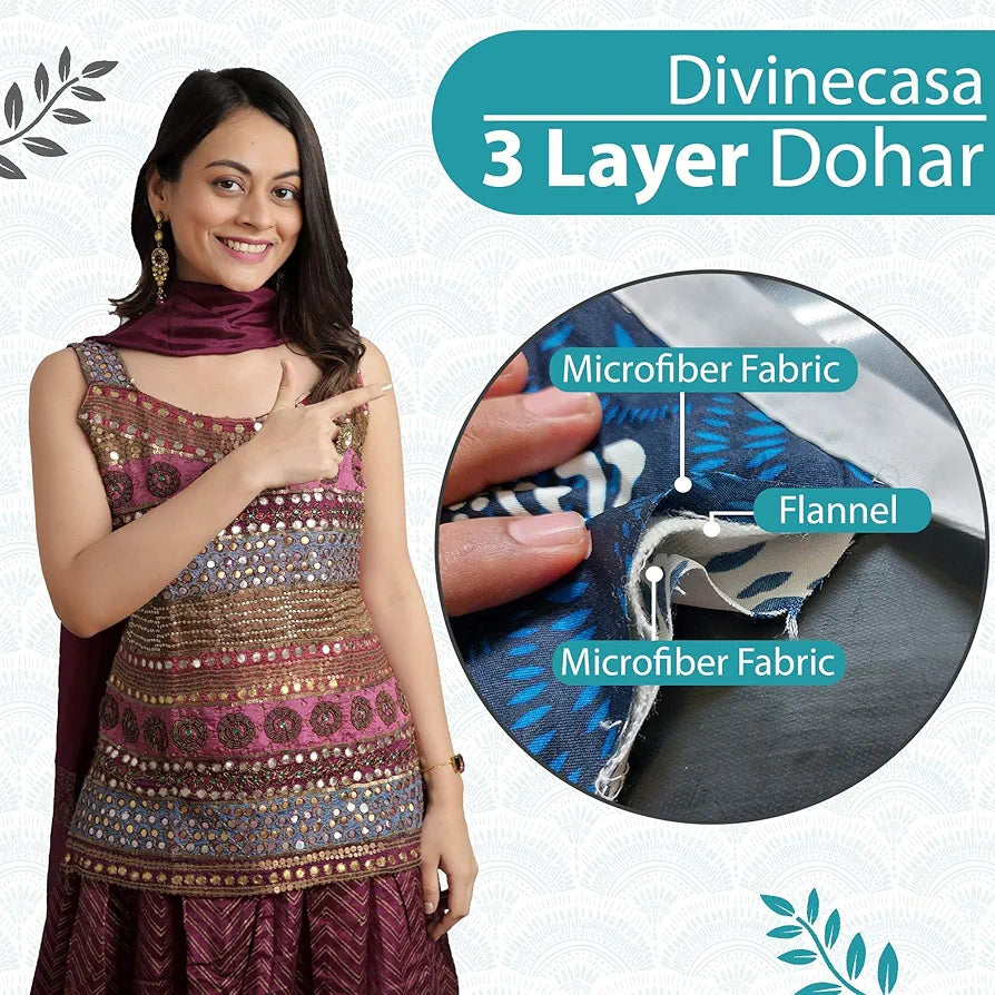 Divine Casa 120 GSM Microfiber Single Dohar Soft & Lightweight Throw Blanket Art Deco Fan Pattern Colour Aqua & White