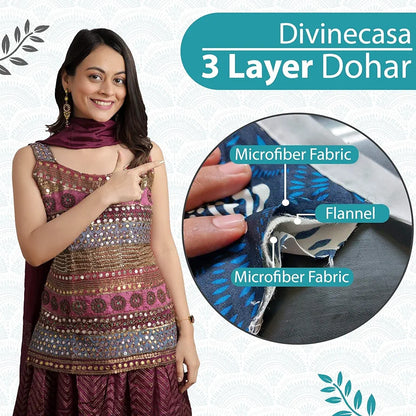 Divine Casa 120 GSM Microfiber Single Dohar Soft & Lightweight Throw Blanket Art Deco Fan Pattern Colour Aqua & White