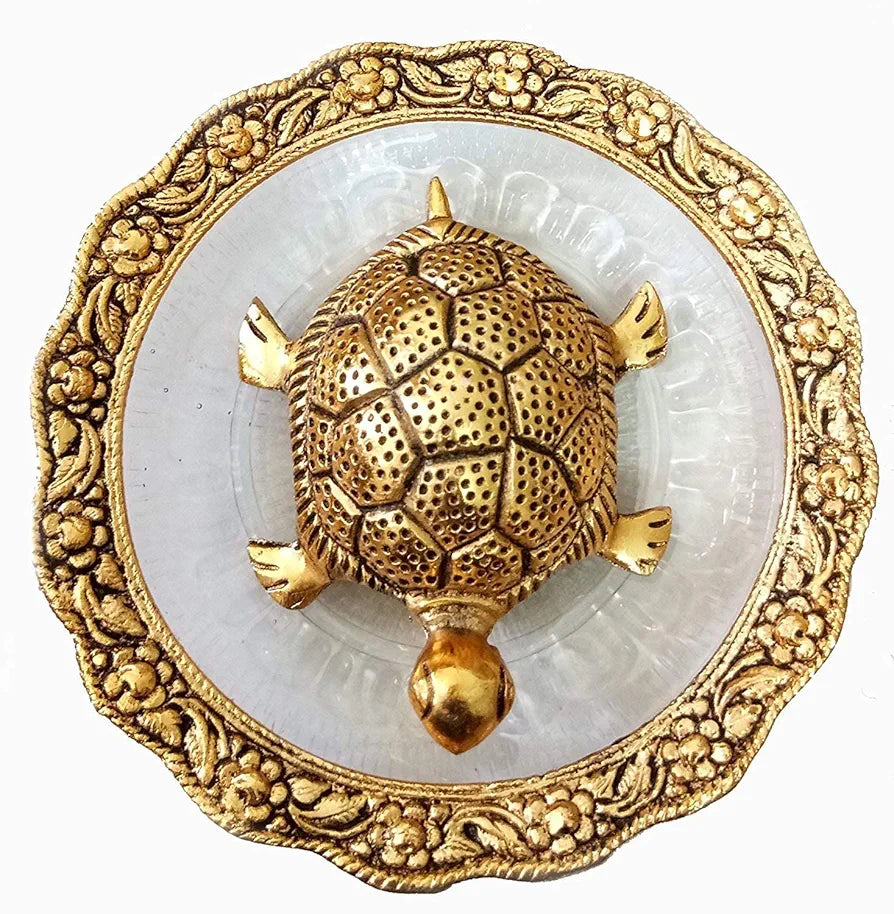Chhariya Crafts Metal Feng Shui Tortoise on Plate Showpiece for Good Luck