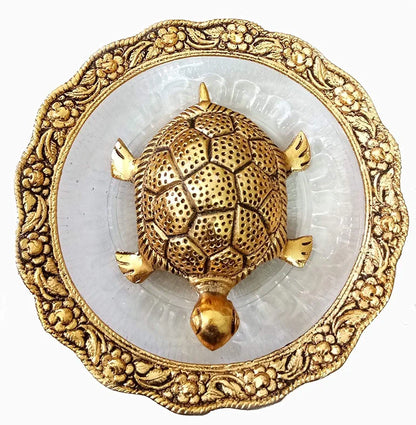Chhariya Crafts Metal Feng Shui Tortoise on Plate Showpiece for Good Luck
