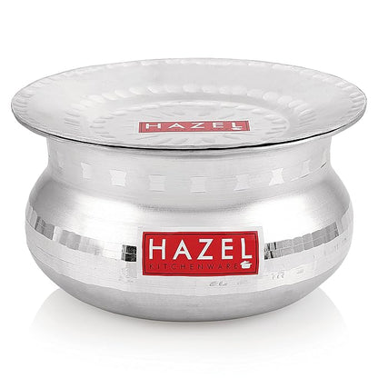Hazel Aluminium Handi with Lid Machine Hammered Finish Biryani Rice Cooking Pot Gol 15.5 cm 1200 Ml Silver
