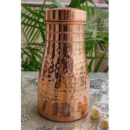 Indian Art Villa Pure Copper Bedroom Water Bottle With Inbuilt Glass Hammered Shine Design
