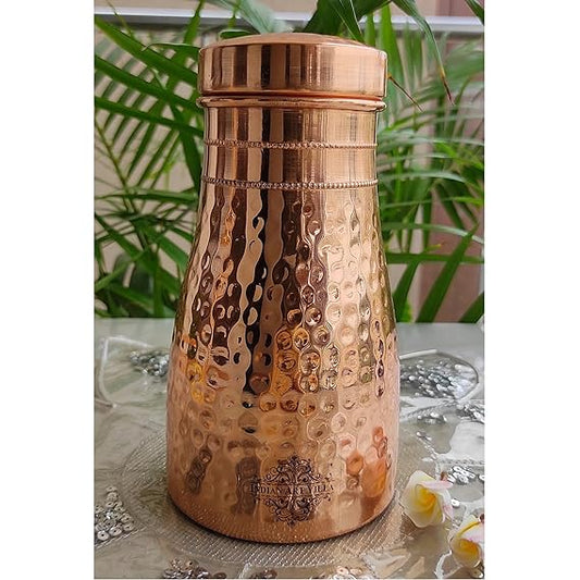 Indian Art Villa Pure Copper Bedroom Water Bottle With Inbuilt Glass Hammered Shine Design