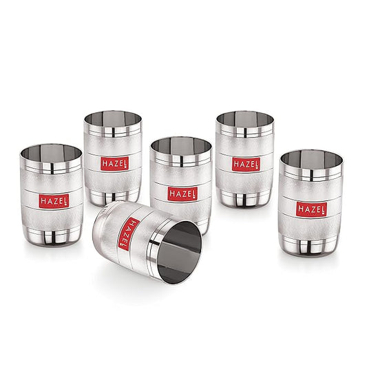 Hazel Stainless Steel Drinking Glasses 350 ml Unbreakable Glass Set with Glossy Finish Design & Dishwasher Safe Set of 6