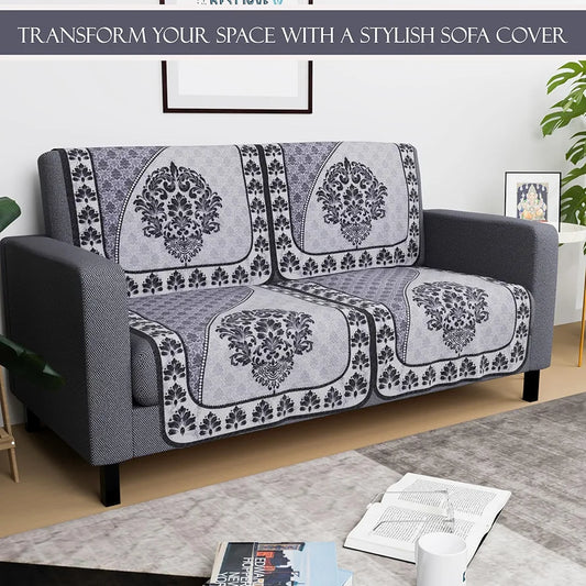 Kuber Industries Set of 4 Net Durable 2 Seater Sofa Covers Floral Print Black & Grey