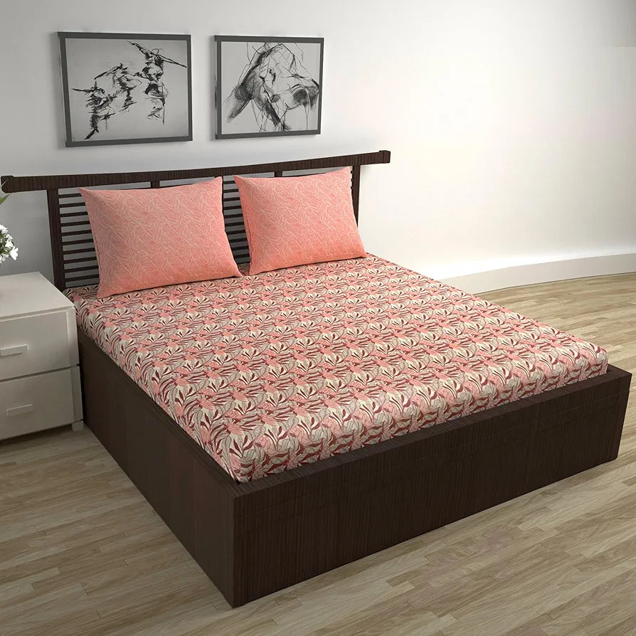 Divine Casa 144 TC 100% Pure Cotton Double Bed Bedsheet with 2 Pillow Covers Tropical Floral Colour Coral Peach
